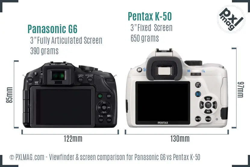 Panasonic G6 vs Pentax K-50 Screen and Viewfinder comparison