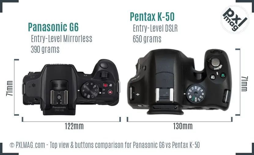 Panasonic G6 vs Pentax K-50 top view buttons comparison