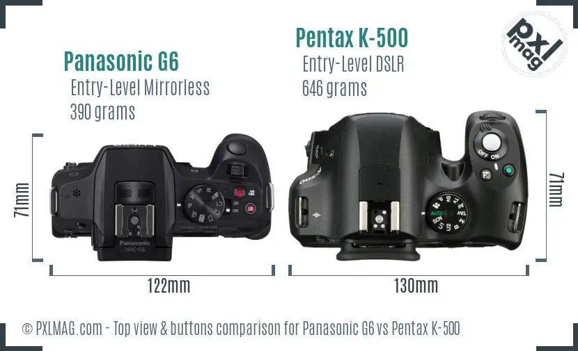 Panasonic G6 vs Pentax K-500 top view buttons comparison