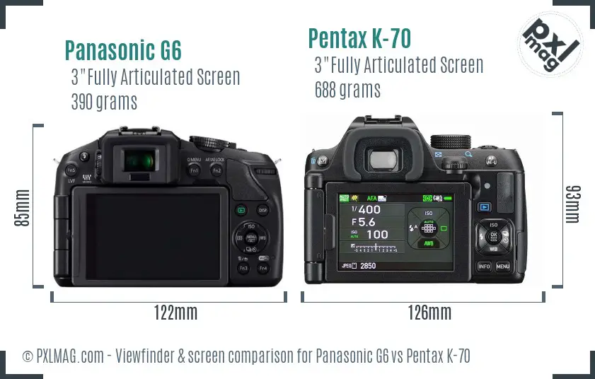 Panasonic G6 vs Pentax K-70 Screen and Viewfinder comparison