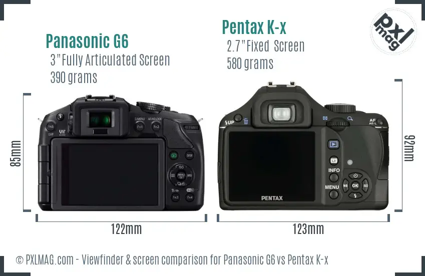 Panasonic G6 vs Pentax K-x Screen and Viewfinder comparison