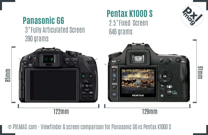 Panasonic G6 vs Pentax K100D S Screen and Viewfinder comparison