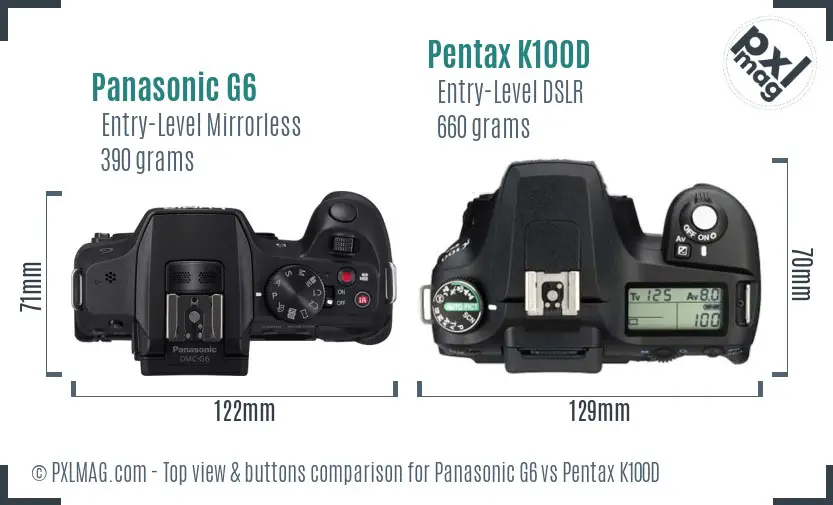 Panasonic G6 vs Pentax K100D top view buttons comparison