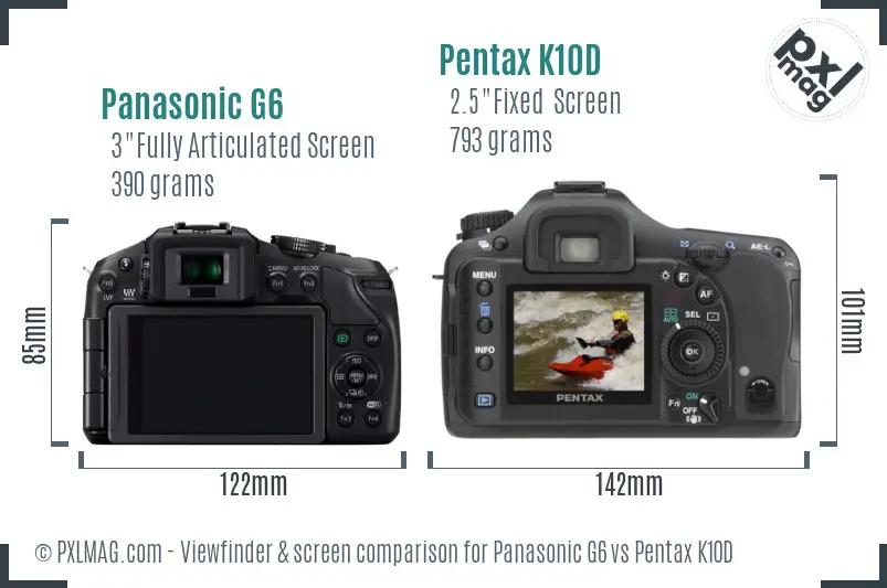 Panasonic G6 vs Pentax K10D Screen and Viewfinder comparison