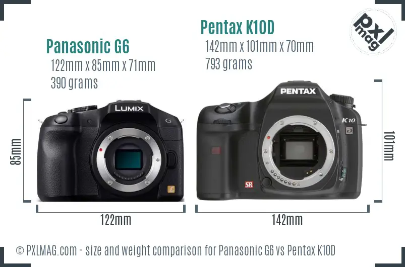 Panasonic G6 vs Pentax K10D size comparison