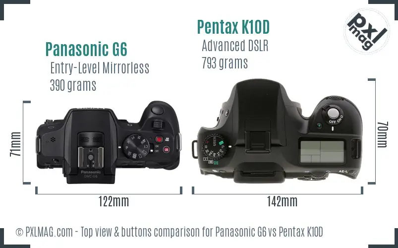 Panasonic G6 vs Pentax K10D top view buttons comparison