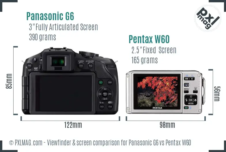 Panasonic G6 vs Pentax W60 Screen and Viewfinder comparison