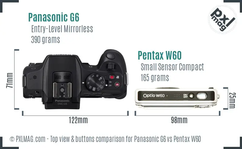 Panasonic G6 vs Pentax W60 top view buttons comparison