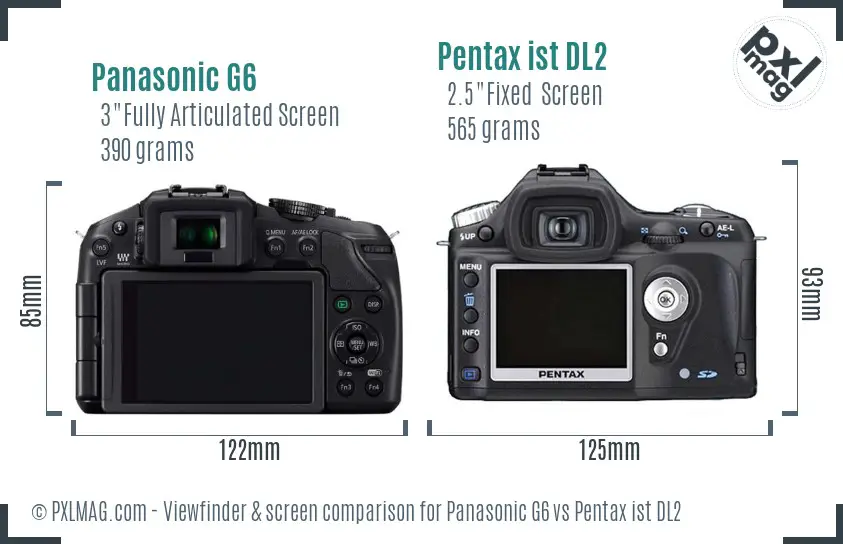 Panasonic G6 vs Pentax ist DL2 Screen and Viewfinder comparison