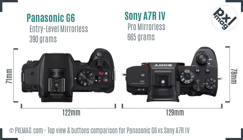 Panasonic G6 vs Sony A7R IV top view buttons comparison