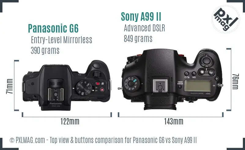 Panasonic G6 vs Sony A99 II top view buttons comparison