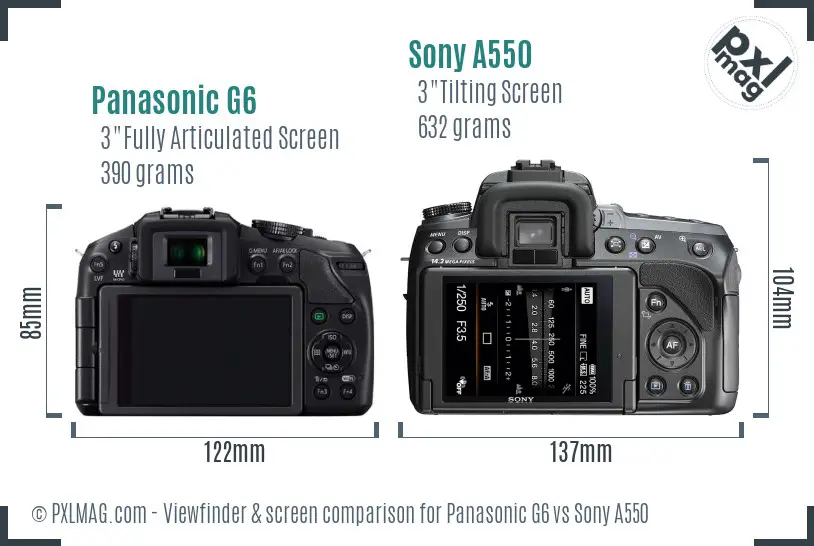 Panasonic G6 vs Sony A550 Screen and Viewfinder comparison