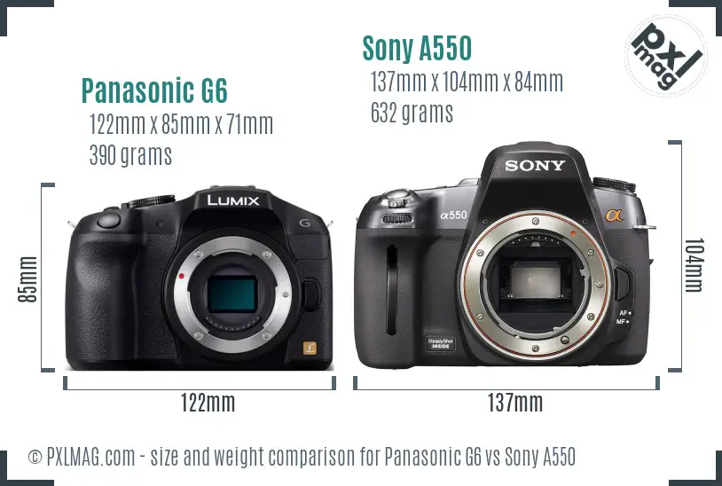 Panasonic G6 vs Sony A550 size comparison
