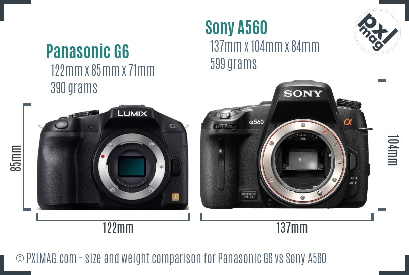 Panasonic G6 vs Sony A560 size comparison