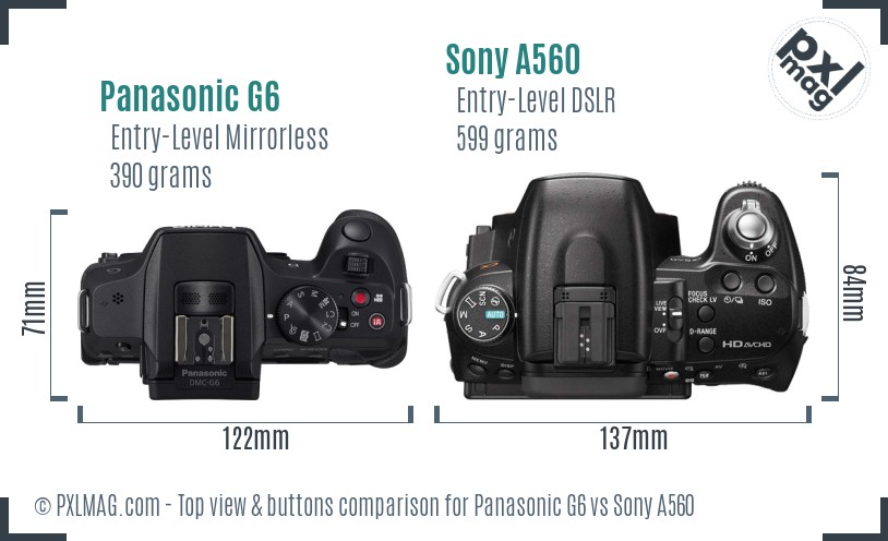 Panasonic G6 vs Sony A560 top view buttons comparison