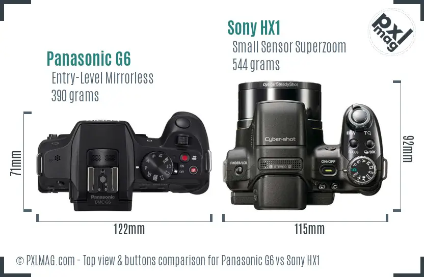 Panasonic G6 vs Sony HX1 top view buttons comparison