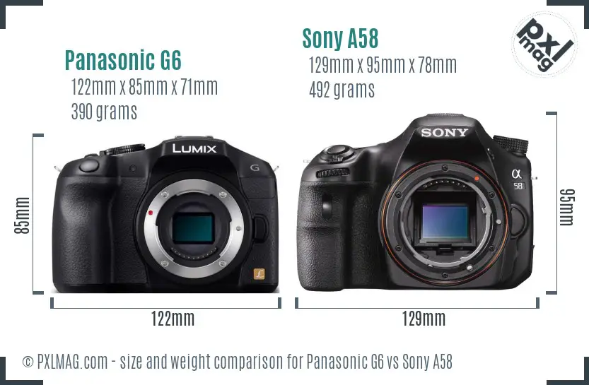 Panasonic G6 vs Sony A58 size comparison