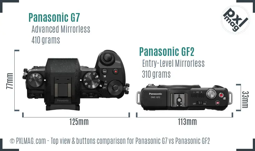Panasonic G7 vs Panasonic GF2 top view buttons comparison
