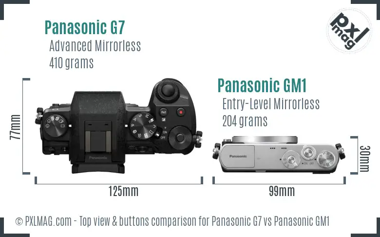 Panasonic G7 vs Panasonic GM1 top view buttons comparison