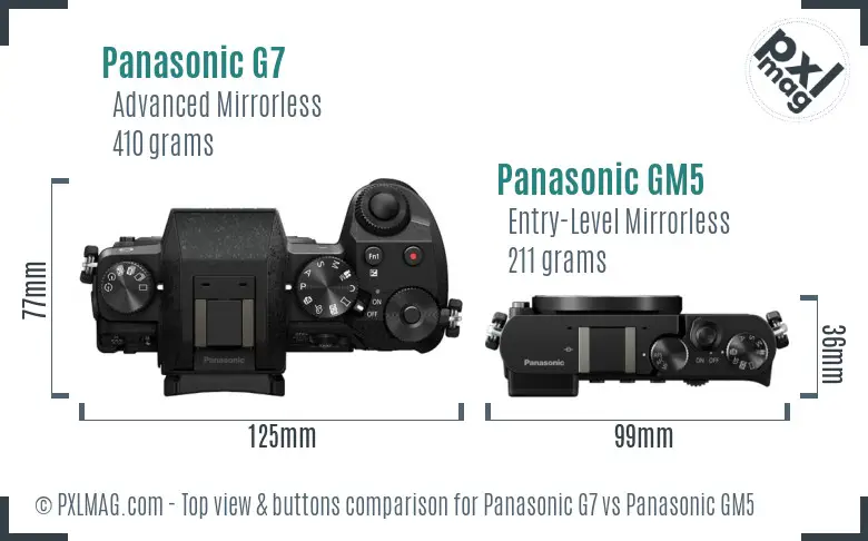 Panasonic G7 vs Panasonic GM5 top view buttons comparison