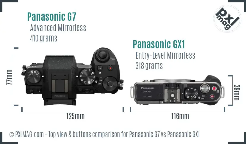 Panasonic G7 vs Panasonic GX1 top view buttons comparison