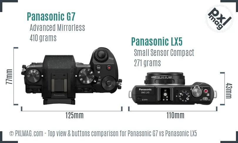 Panasonic G7 vs Panasonic LX5 top view buttons comparison
