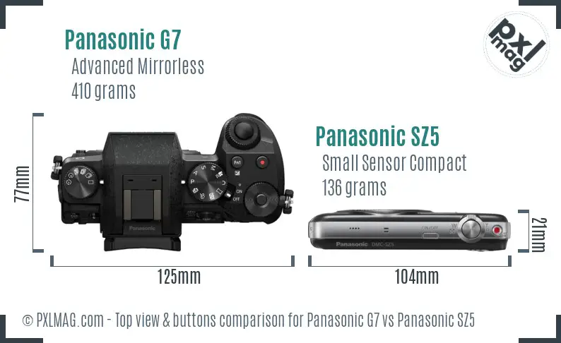 Panasonic G7 vs Panasonic SZ5 top view buttons comparison