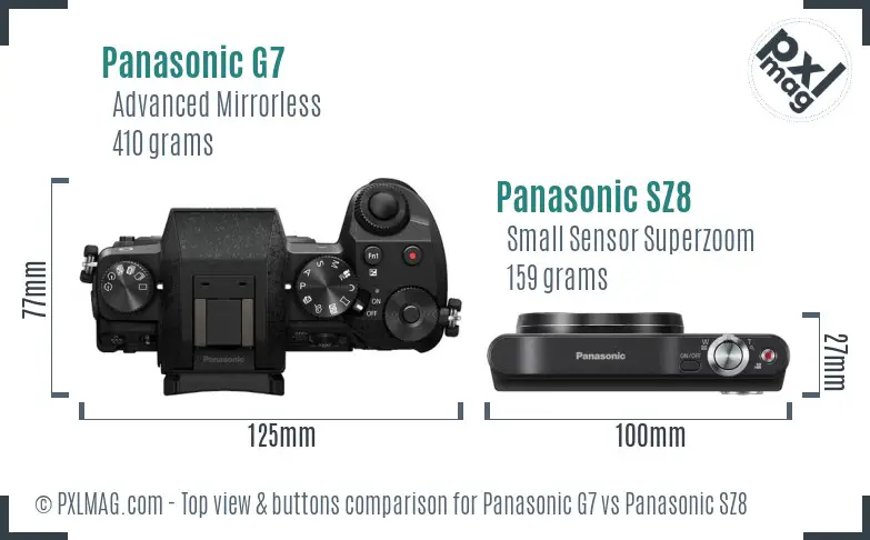 Panasonic G7 vs Panasonic SZ8 top view buttons comparison
