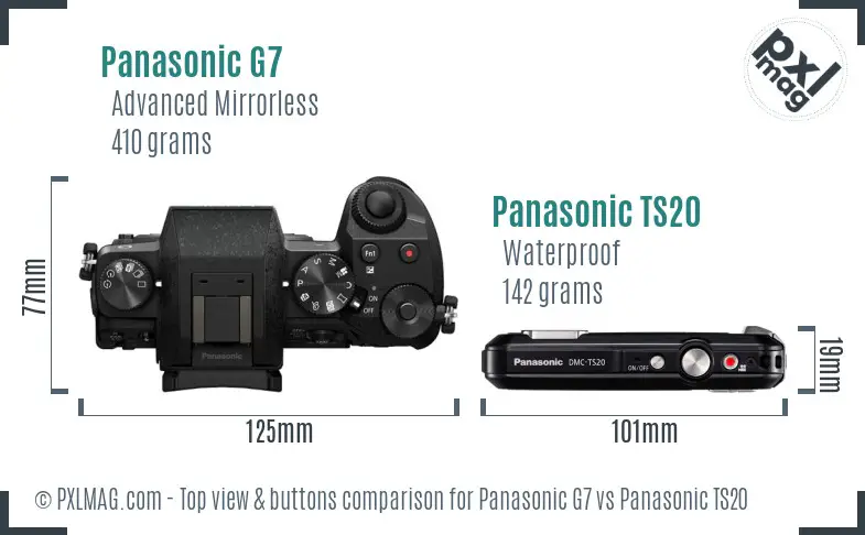 Panasonic G7 vs Panasonic TS20 top view buttons comparison
