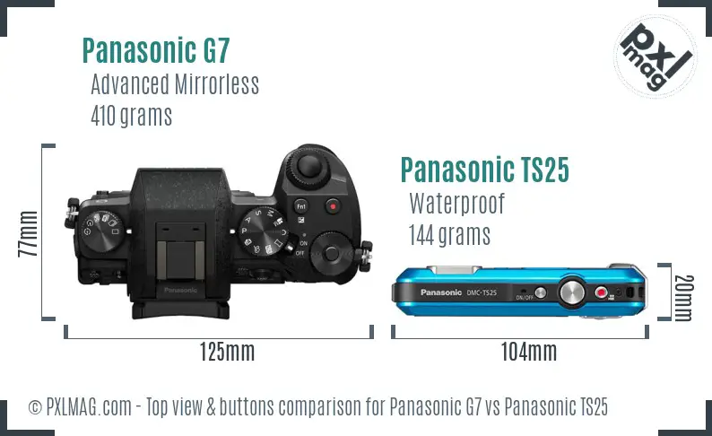 Panasonic G7 vs Panasonic TS25 top view buttons comparison