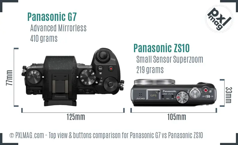 Panasonic G7 vs Panasonic ZS10 top view buttons comparison