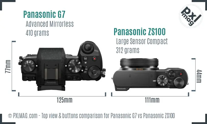 Panasonic G7 vs Panasonic ZS100 top view buttons comparison