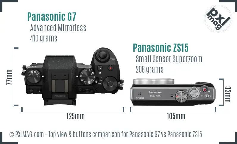 Panasonic G7 vs Panasonic ZS15 top view buttons comparison