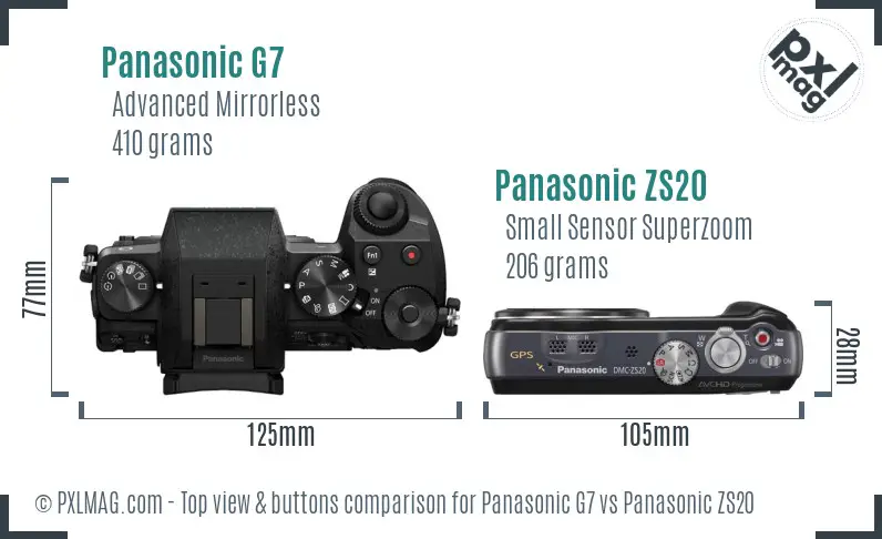 Panasonic G7 vs Panasonic ZS20 top view buttons comparison