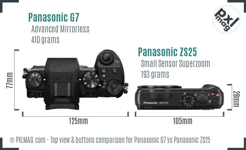 Panasonic G7 vs Panasonic ZS25 top view buttons comparison