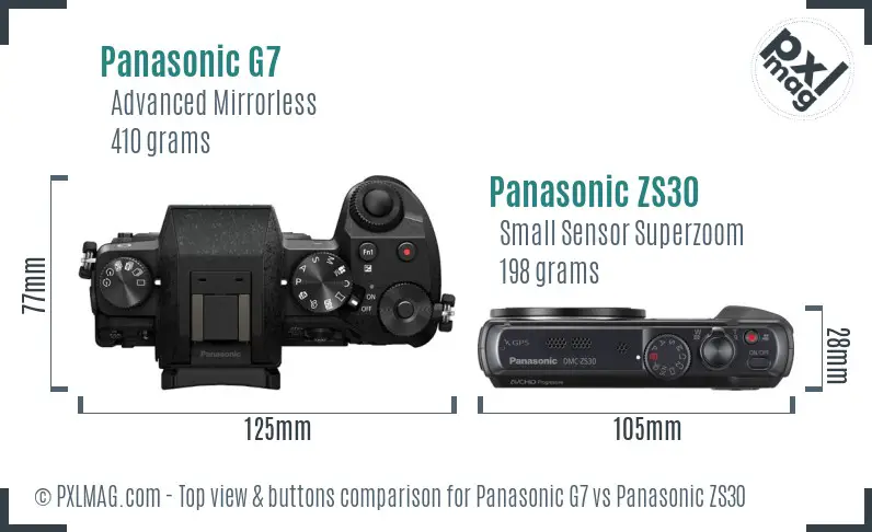 Panasonic G7 vs Panasonic ZS30 top view buttons comparison