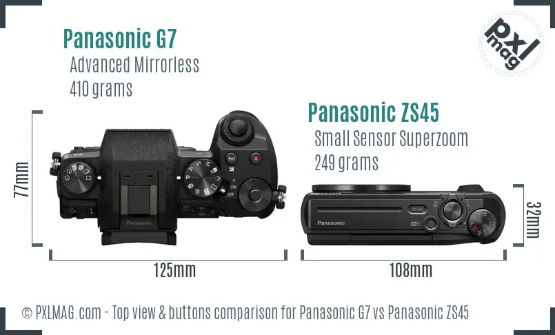 Panasonic G7 vs Panasonic ZS45 top view buttons comparison