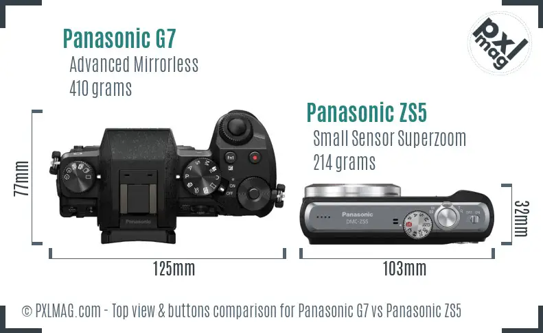 Panasonic G7 vs Panasonic ZS5 top view buttons comparison