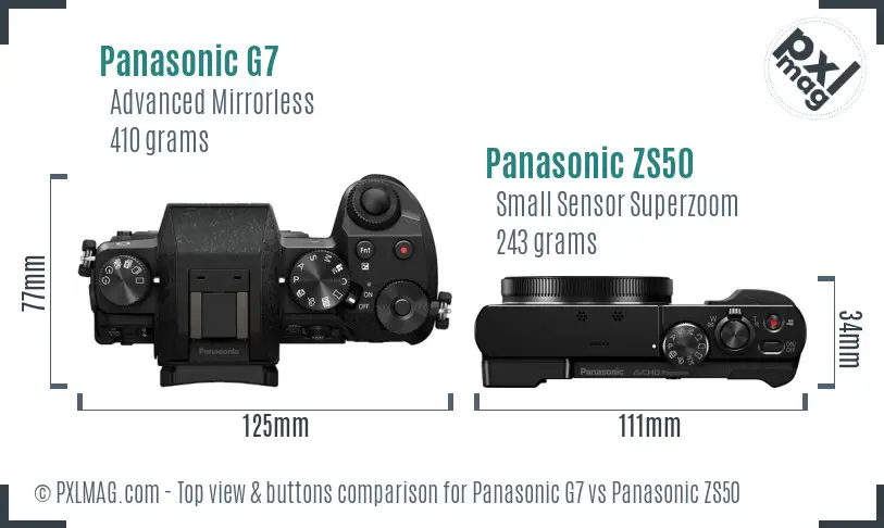 Panasonic G7 vs Panasonic ZS50 top view buttons comparison