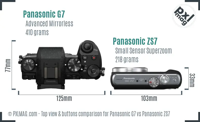 Panasonic G7 vs Panasonic ZS7 top view buttons comparison