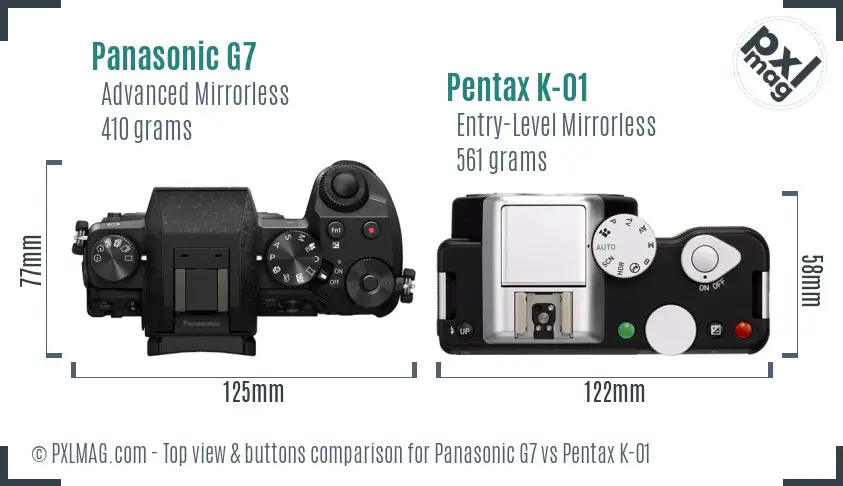 Panasonic G7 vs Pentax K-01 top view buttons comparison