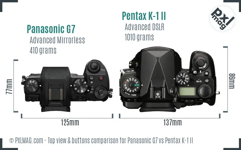 Panasonic G7 vs Pentax K-1 II top view buttons comparison