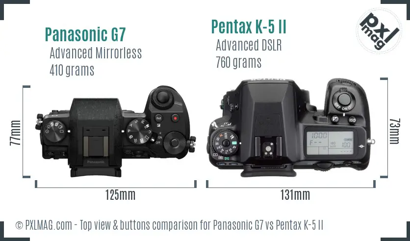 Panasonic G7 vs Pentax K-5 II top view buttons comparison