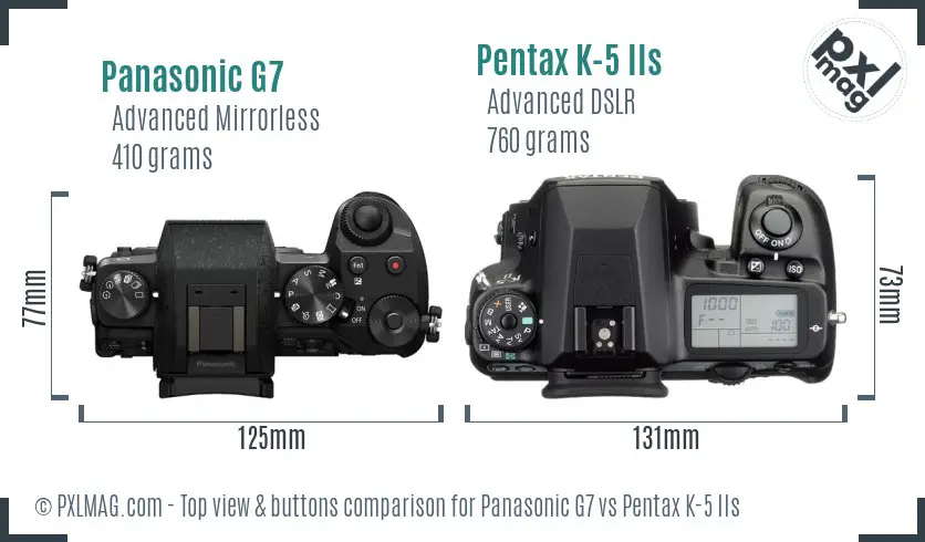 Panasonic G7 vs Pentax K-5 IIs top view buttons comparison