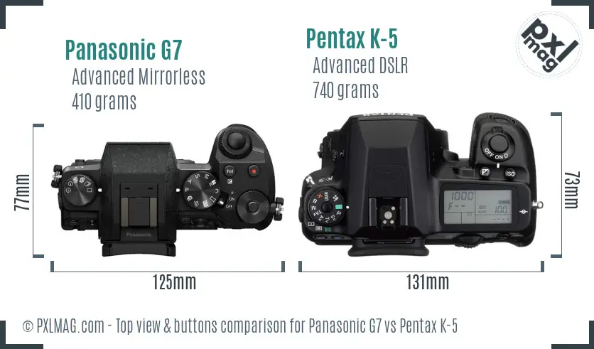 Panasonic G7 vs Pentax K-5 top view buttons comparison