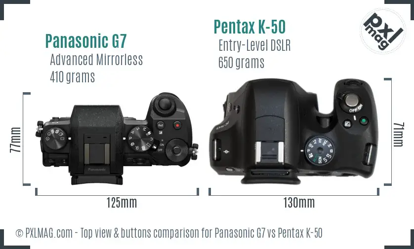 Panasonic G7 vs Pentax K-50 top view buttons comparison