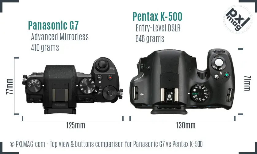 Panasonic G7 vs Pentax K-500 top view buttons comparison