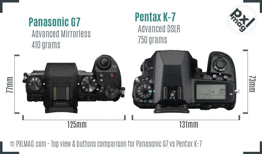 Panasonic G7 vs Pentax K-7 top view buttons comparison