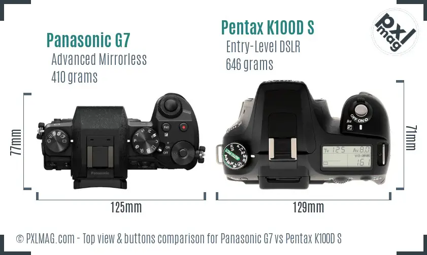 Panasonic G7 vs Pentax K100D S top view buttons comparison