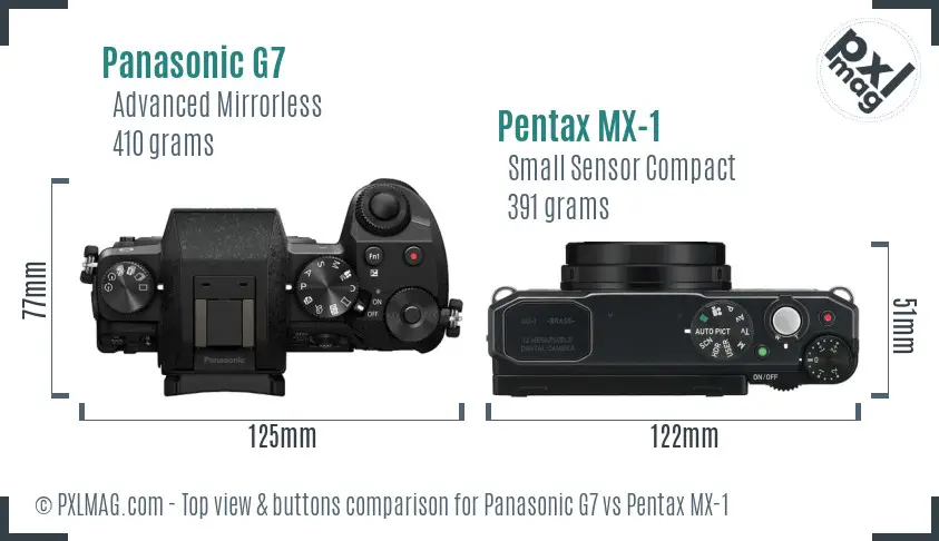 Panasonic G7 vs Pentax MX-1 top view buttons comparison